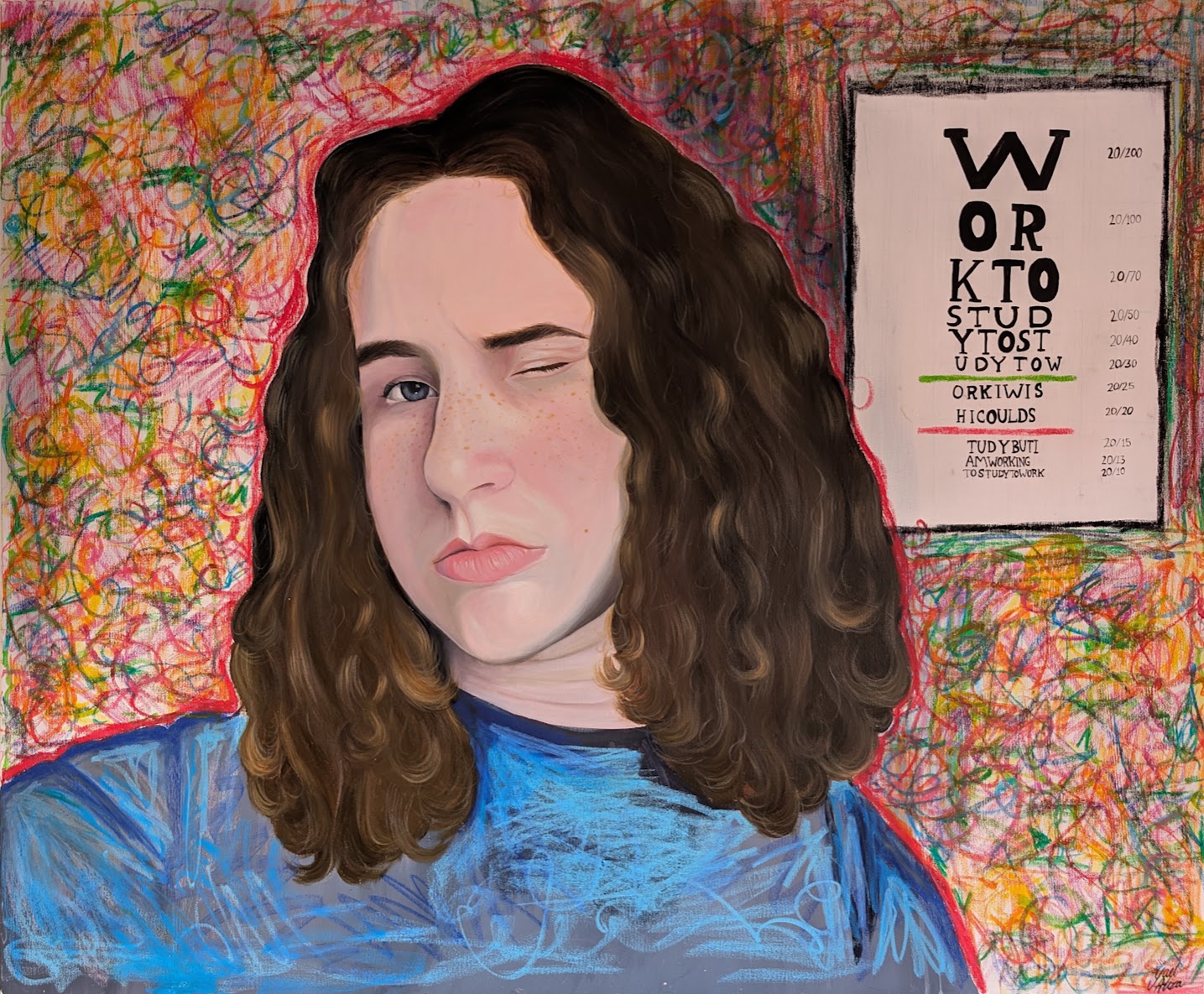 Self-portrait of the artist with long curly brown hair, one eye squeezed shut, in front of a Snellen eye chart whose letters spell out ‘work to study to study to work’, against a turbulent background of coloured scribbles.