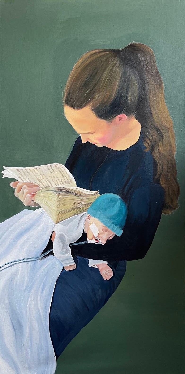Painting of a teenage girl with a long ponytail, reading a book, holding her newborn brother in a blue knitted hat on her arm, connected to oxygen, against a dark green background.